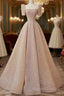 Sparkle A Line Square Neckline Sequin Pink Long Formal Prom Dress