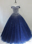 Sparkle Navy Blue Off Shoulder Ball Party Dress,Red Black Beaded Prom Dresses