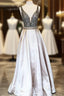 Sparkle Sequin Beaded V-Neck Long Satin Formal Prom Dress