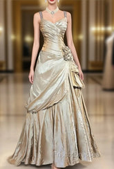 Sparkling A-Line V-Neck Satin Backless Long Formal Prom Dress Formal Evening Dress Graduation Formal Prom Dress