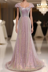 Sparkling Powder Blusher Pink Sequins Off Shoulder Short Sleeve Evening Dress Powder Blusher Pink Trumpet/Mermaid Open Back Zipper Sweep Tail Formal Prom Dress