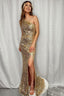 Sparkly Golden One Shoulder Mermaid Sequins Long Prom Dress with Fringes