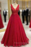 Sparkly Red Formal Prom Dress, A-line Princess V Neck Long/Floor-Length Tulle Formal Prom Dress With Appliqued Beading Glitter