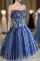 Charming Blue Lace Tule A Lin Short Formal Prom Dress, Homecoming Dress