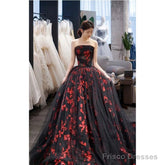 Strapless A Line Tulle Prom Dress Applique Black Ball Gown