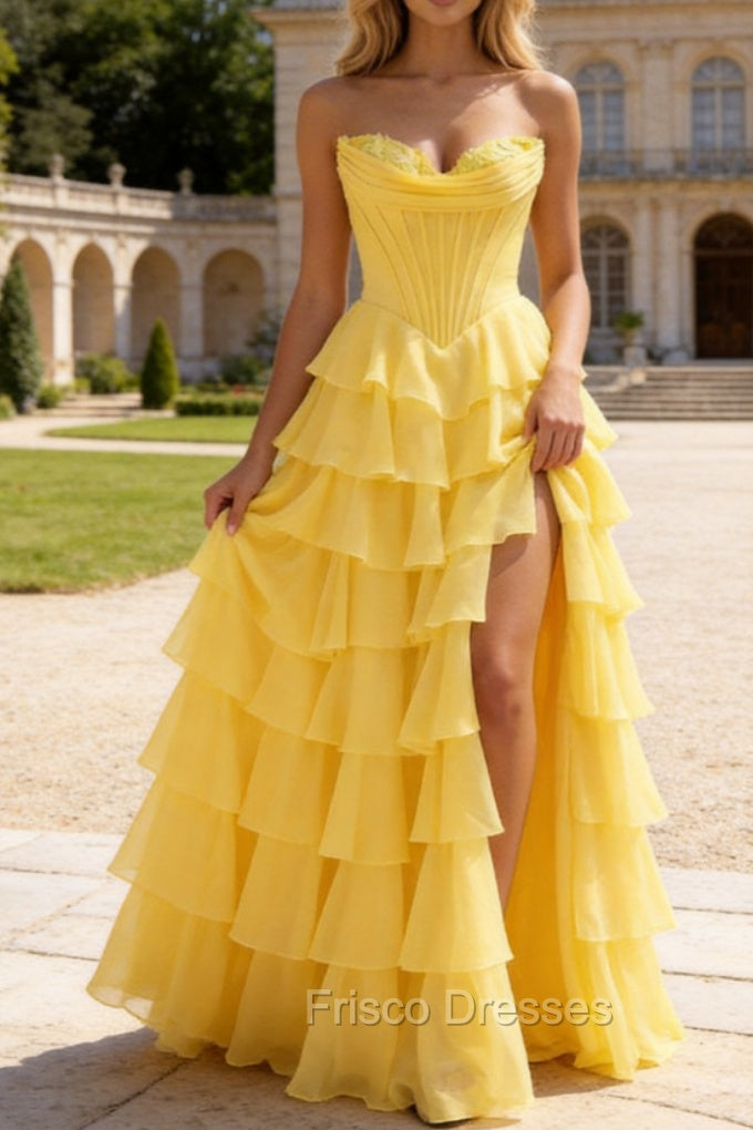 Strapless A-Line Waist Corset Ruffle Long Prom Dress With Split