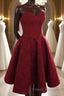 Strapless Backless Burgundy Lace Short Formal Prom Dresses, Short Burgundy Lace Homecoming Dresses