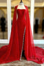 Strapless Beaded Side Slit Red Long Formal Prom Dress With Cape