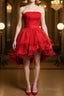 Strapless High Low Red Lace Formal Prom Dresses, High Low Red Homecoming Dresses, Short Red Lace Formal Graduation Evening Dresses