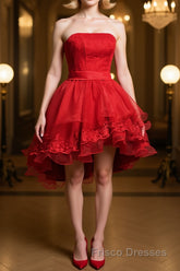 Strapless High Low Red Lace Formal Prom Dresses, High Low Red Homecoming Dresses, Short Red Lace Formal Graduation Evening Dresses