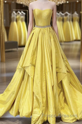 Strapless Open Back Fluffy Yellow Satin Long Formal Prom Dresses, Layered Yellow Formal Evening Dresses