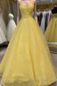 Strapless Open Back Sequins Yellow Formal Prom Dresses, Shiny Yellow Formal Graduation Evening Dresses