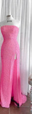 Strapless Pink Sequins Formal Prom Dress with Slit,Sparkly White Night Dress Party Event