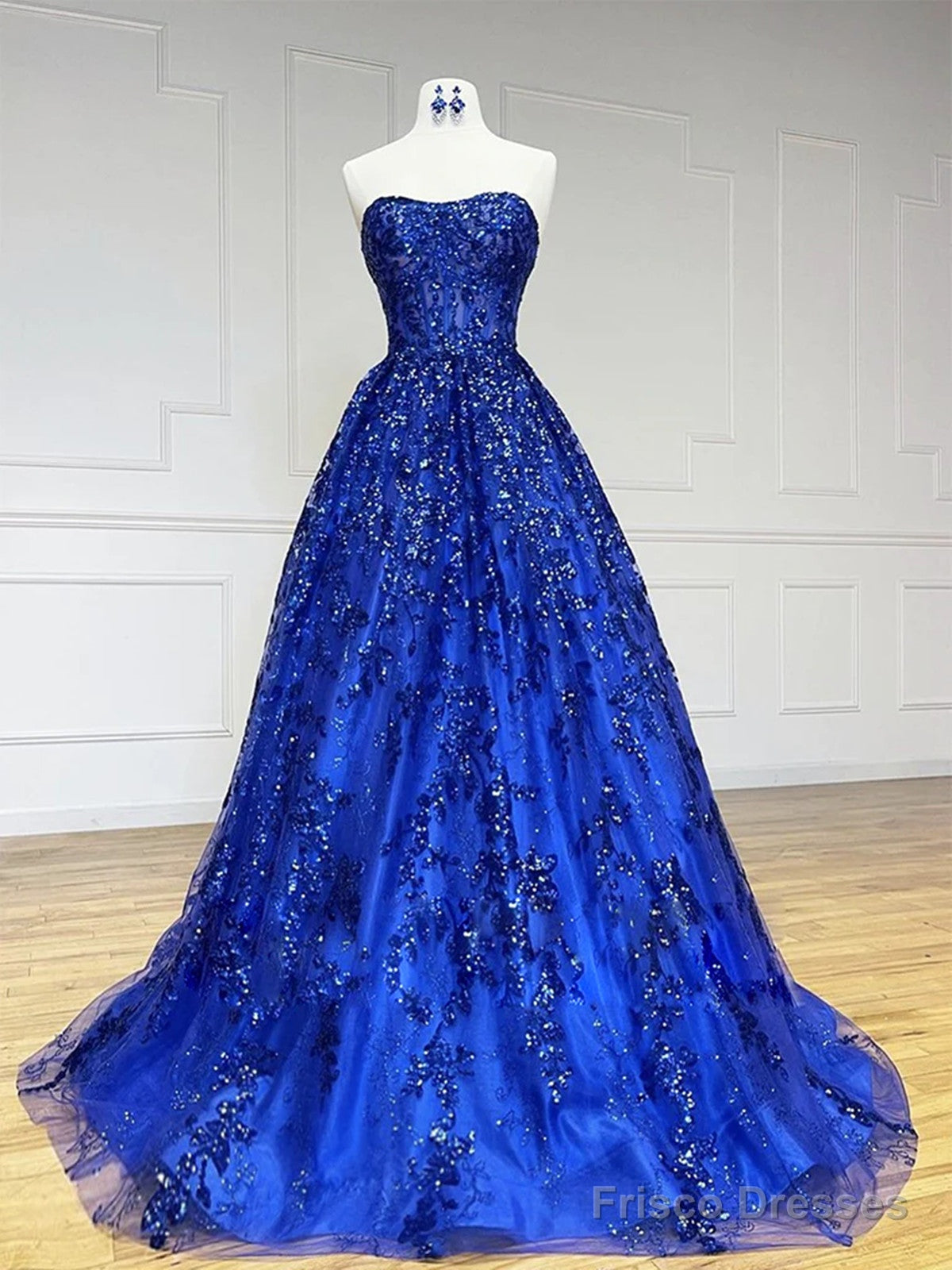 Strapless Royal Blue Lace Long Prom Dresses, Royal Blue Lace Formal Ev