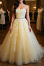 Strapless Yellow Lace Long Formal Prom Dresses, Yellow Lace Formal Graduation Evening Dresses, Yellow Ball Gown