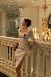 Stunning Sheath Square Neckline Short Sleeves Date Night Dress White Prom Dresses Birthday Outfit