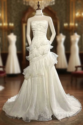 Stunning White Strapless Mermaid Organza Long Formal Prom Dress Simple Wedding Dress