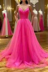 Stylish A Line V Neck Backless Hot Pink Long Formal Prom Dresses, Backless Hot Pink Formal Graduation Evening Dresses