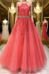 Stylish Backless Coral Lace Long Formal Prom Dresses, Coral Lace Formal Graduation Evening Dresses