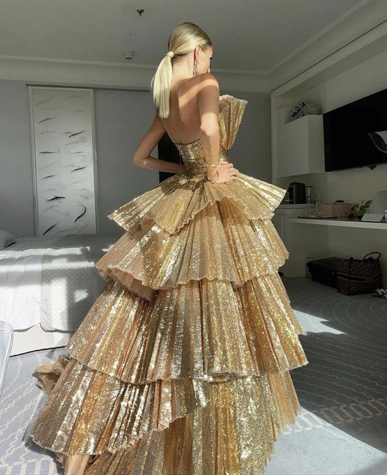 Stylish Golden Tiered Ball Gown Long Evening Party Dress Frisco Dresses Stylish Golden Tiered Ball Gown Long Evening Party Dress Frisco Dresses