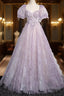 Sweet Lilac A-Line Sweetheart Tulle Beaded Long Formal Prom Dress Puffy Sleeves Graduation Dress