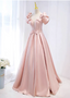 Sweet Pink A-Line Puff Sleeve Bow Satin Long Prom Dress Evening Dress