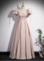 Sweet Pink A-Line Square Neck Puff Sleeve Satin Long Prom Dress Evening Dress