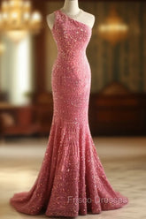 Sweet Pink Mermaid One Shoulder Sequined Pleated Long Formal Prom Dress Backless Evening Dress