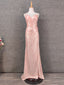 Sweet Pink Spaghetti Strap V-Neck Ruffled Open Back Satin Train Prom Dress Evening Dress Bridesmaid Dress
