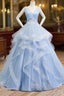 Sweetheart Blue Organza Ballgown V Neck Ruffles Appliques Formal Prom Dress