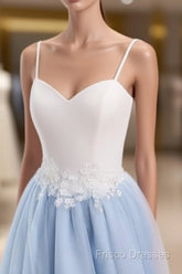 Sweetheart Neck Backless Blue And White Sweep Train Lace Formal Prom Dress, Formal Dress