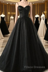 Sweetheart Neck Black Tulle Long Formal Prom Dresses, Thin Straps Black Formal Evening Dresses, Black Ball Gown