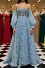 Sweetheart Neck Blue Lace Appliques Long Formal Prom Dresses with Long Sleeves, Blue Lace Floral Formal Graduation Evening Dresses