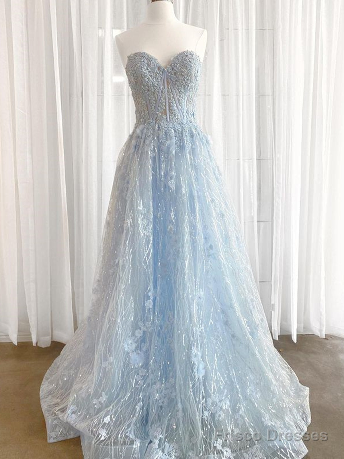 Sweetheart Neck Light Blue Lace Prom Dresses, Light Blue Lace Formal E
