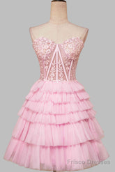 Sweetheart Pink Lace Corset Tiered Short Homecoming Dress