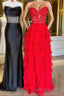 Sweetheart Red Corset Chiffon Ruffle Long Formal Prom Dress