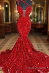 Sweetheart Sleeveless Sequins Red Mermaid Formal Prom Dress