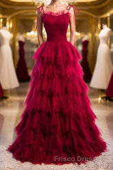 A-Line Long Spaghetti Strap Formal Prom Dress, Cute Layers Tulle Evening Dress