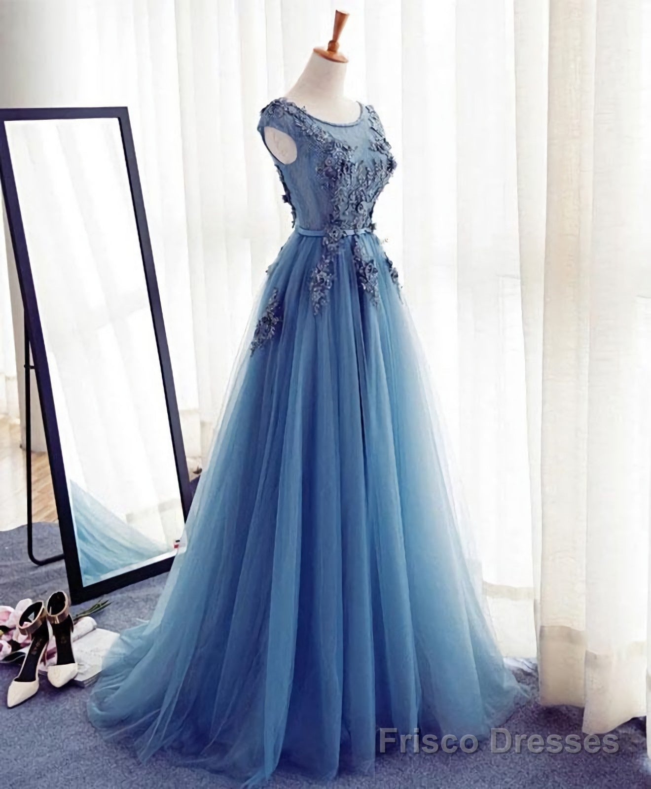 Blue A Line Tulle Lace Long Prom Dress, Evening Dress Frisco Dresses Blue A Line Tulle Lace Long Prom Dress, Evening Dress Frisco Dresses