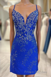 Royal Blue Beaded Plunge V Lace-Up Short Homecoming Dress