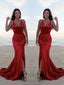 Trumpet/Mermaid Halter Sweep Train Silk like Satin Prom Dresses With Leg Slit