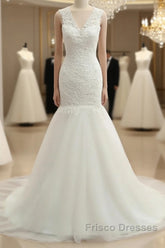 Trumpet/Mermaid V-Neck Sleeveless Applique With Sequin Tulle Court Train Wedding Dress