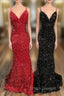Trumpet/Mermaid V Neck Sleeveless Velvet Sequins Court Train Formal Prom Dress With Pleated