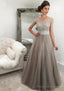 Tulle Long/Floor-Length A-Line/Princess Sleeveless Bateau Zipper Prom Dresses With Beaded