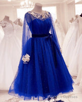 Tulle Tea Length Evening Dress Long Sleeves Embroidery Beaded