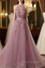 Tulle Wisteria Formal Prom Dress A-Line/Princess Scoop Neck Court Train With Appliqued