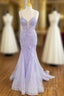 Tulle With Appliques Lilac Long Sweetheart Formal Prom Dress With Straps