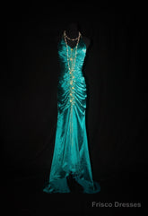 Turqoise Mermaid Halter Satin Beaded Long Prom Dress Retro V-Neck Rhinestone Evening Gown