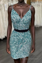 Two Piece Blue Sequins Tight Homecoming Dress,Sparkly Cocktail Party Dress