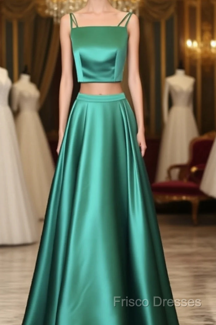 Two Piece Green Satin Formal Prom Dress With Straps – Frisco Dresses